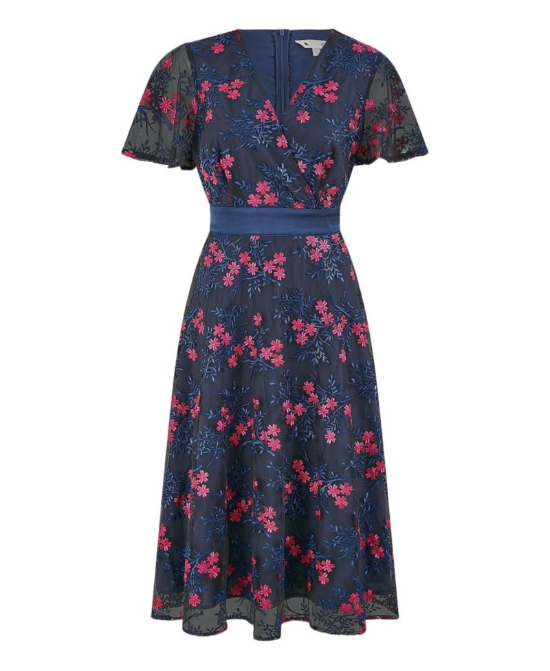 Women's Floral Mesh Wrap Midi Skater Dress