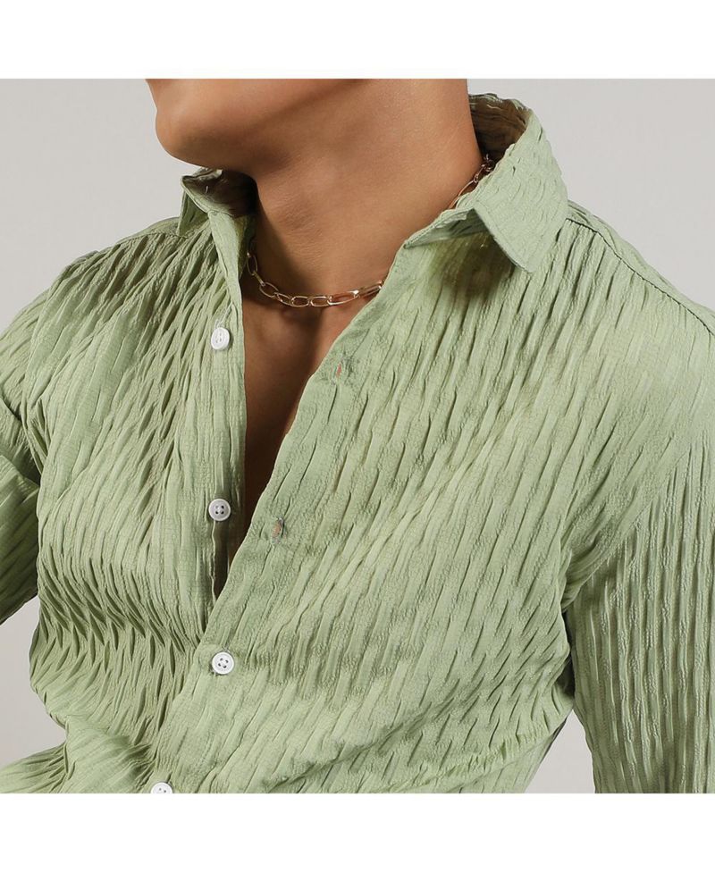 Men's Pistachio Green Crinkled-Weave Shirt