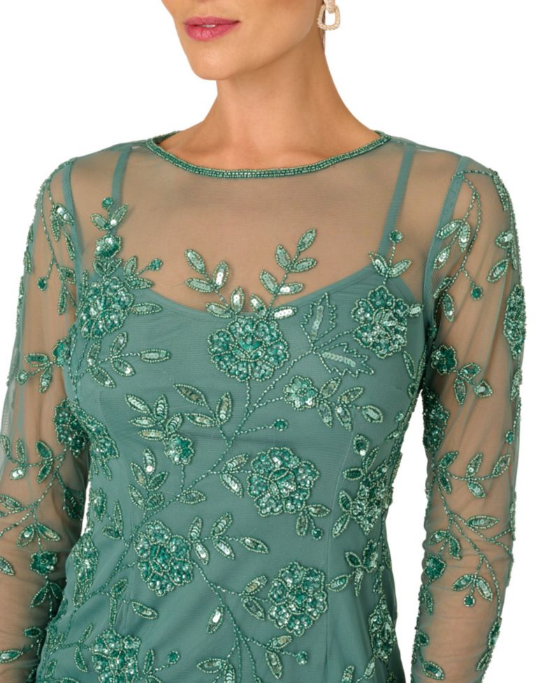 Women's Crew Neck Beaded Mesh Sheath Dress