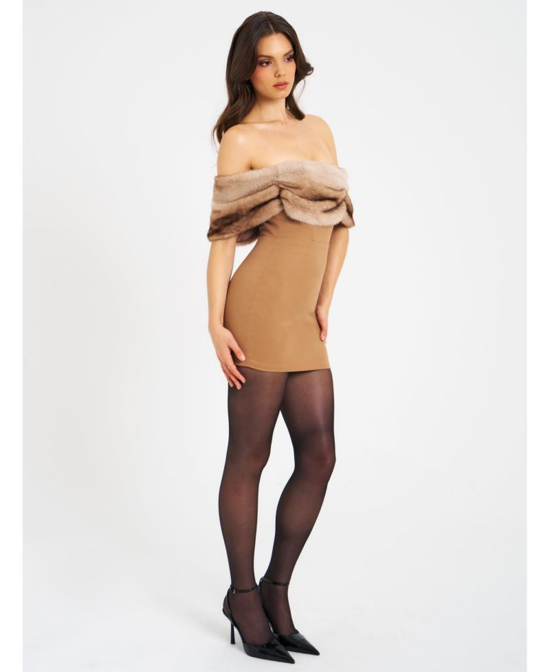 Women Nadira Off Shoulder Faux Fur Trim Mini Dress