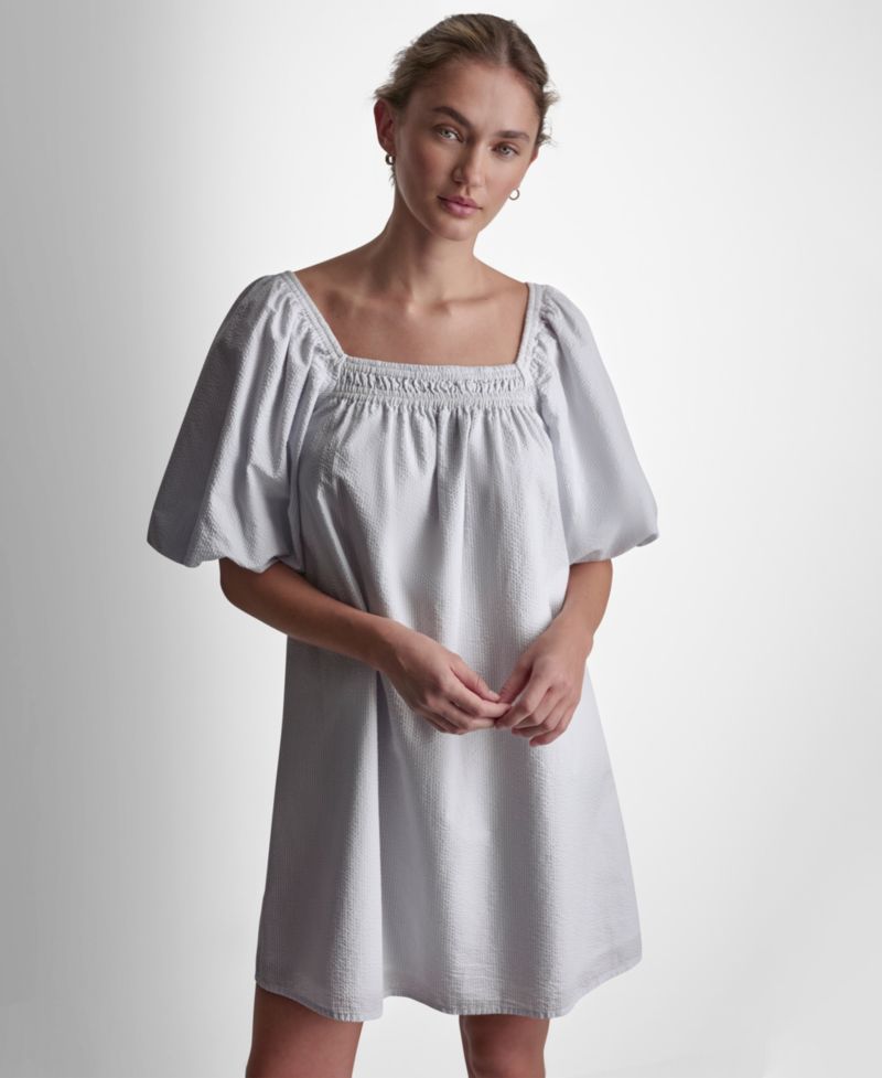 Women's Half Puff-Sleeve Seersucker Mini Dress with Square Neckline