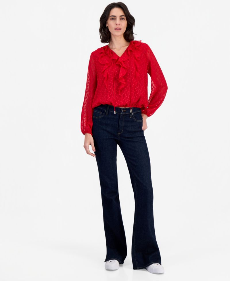 Women's Ruffle Front Clip-Dot Blouse