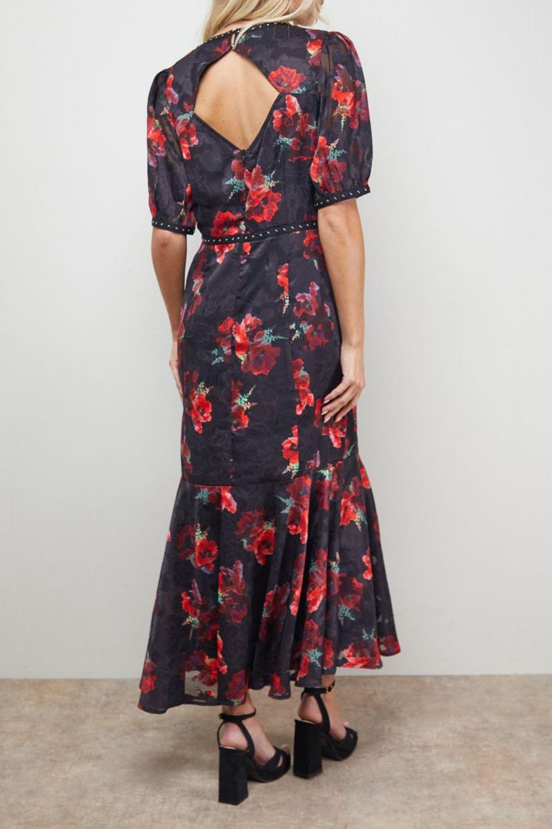 Women's Floral Stud Trim Puff Sleeve Midi Dress