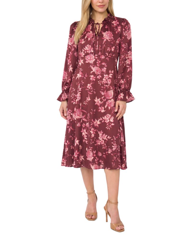 Petite Tie Neck Satin Midi Floral A-Line Dress