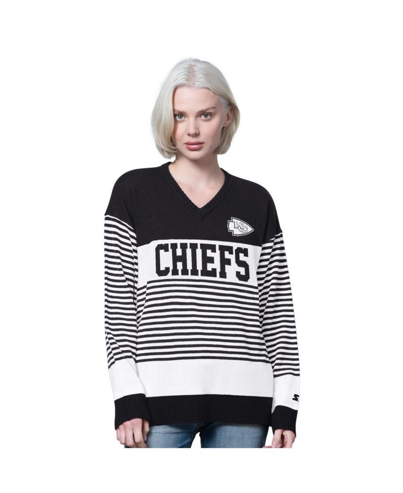 Women's Black Kansas City Chiefs No Huddle Striped V-Neck Sweater