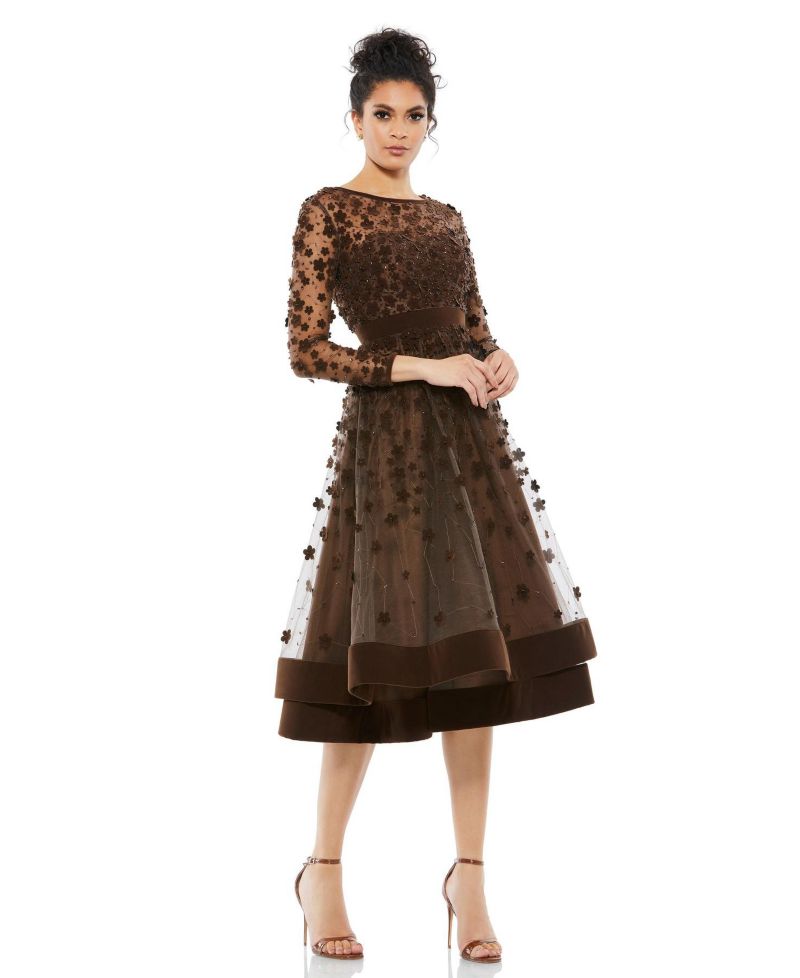 Women's Embellished Illusion High Neck Long Sleeve Fit and Flare