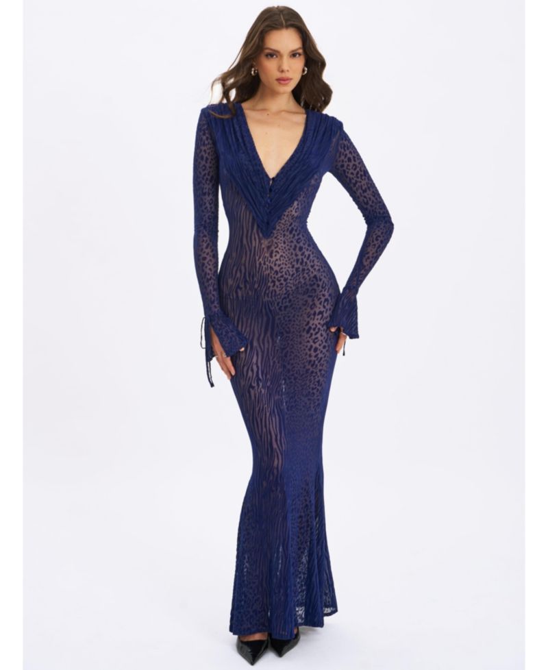 Women's Ilyse Navy V-Neck Plunge Animal Print Mermaid Hem Maxi Dress