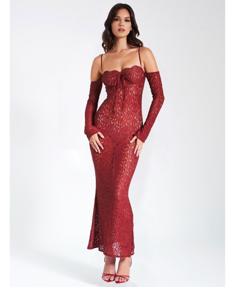Women's Udaya Burgundy Lace Long Sleeve Maxi Dress