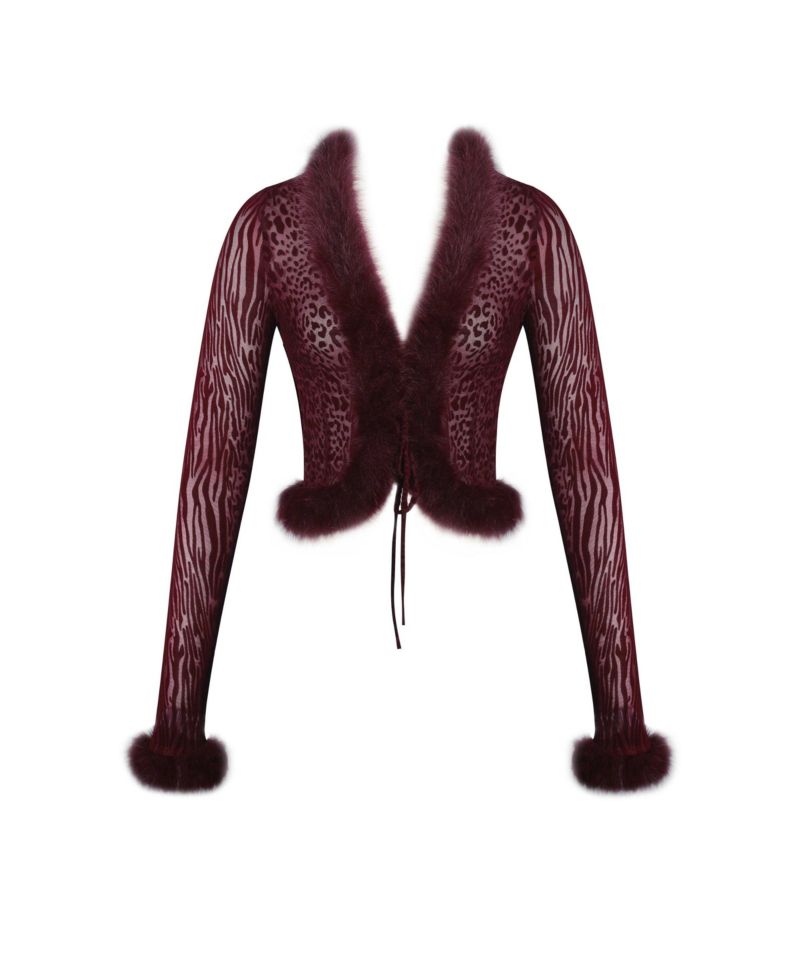Women's Hali Burgundy Animal Print Burnout Velvet Fur Trim Top