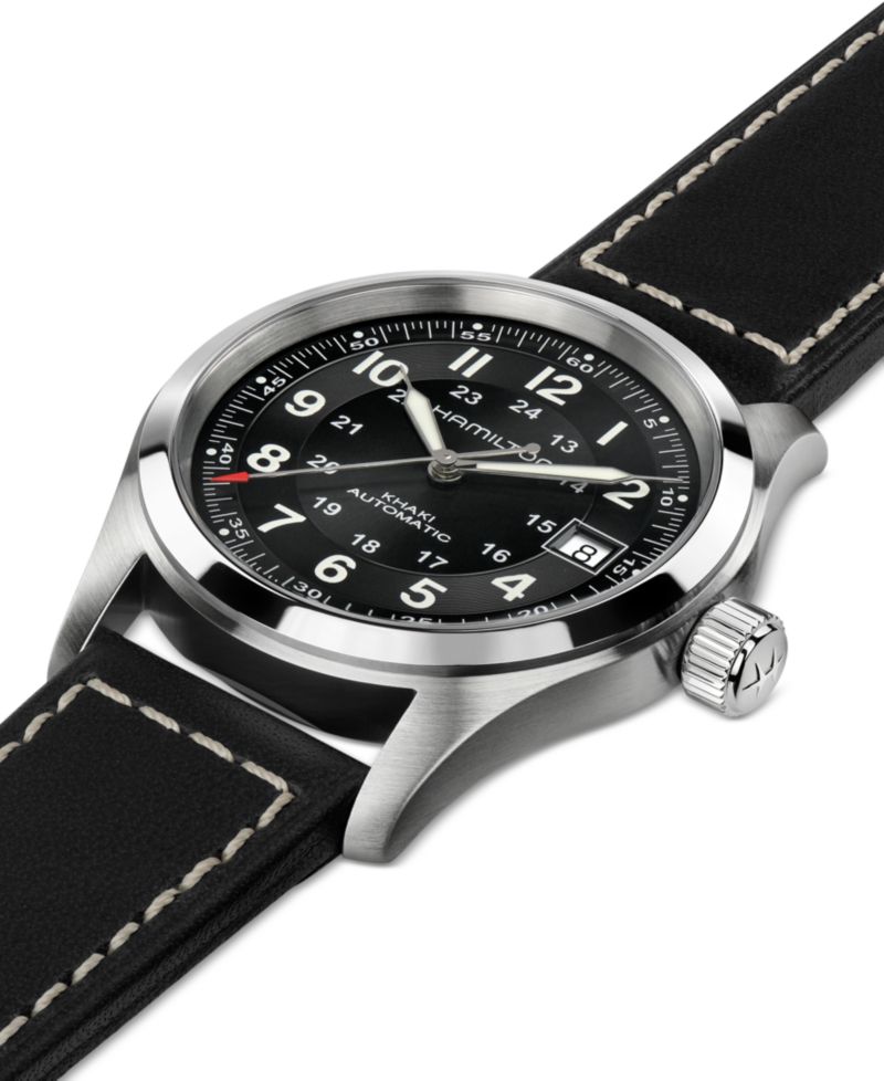 Men's Swiss Automatic Khaki Field Black Leather Strap Watch 38mm