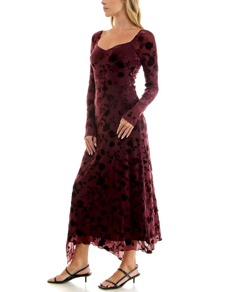 Juniors' Long-Sleeve V-Neck Velvet-Burnout Midi Dress