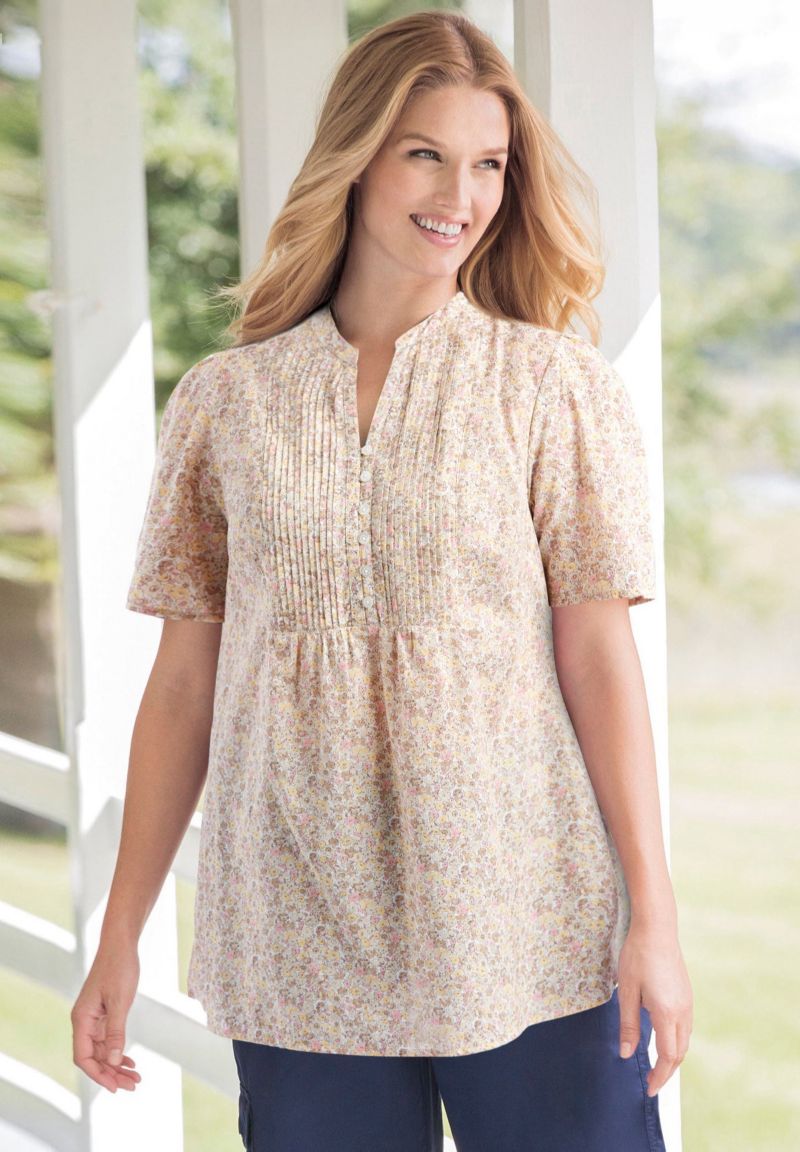Plus Size Pintucked Half-Button Tunic