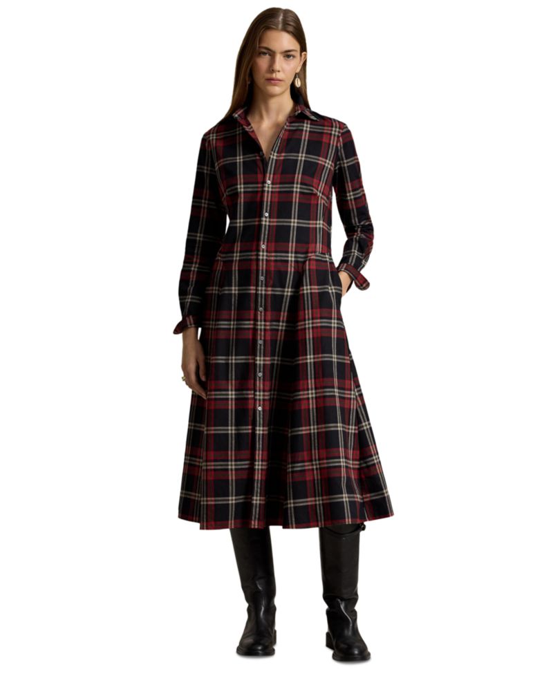 Women's Plaid Long-Sleeve Midi Shirt Dress