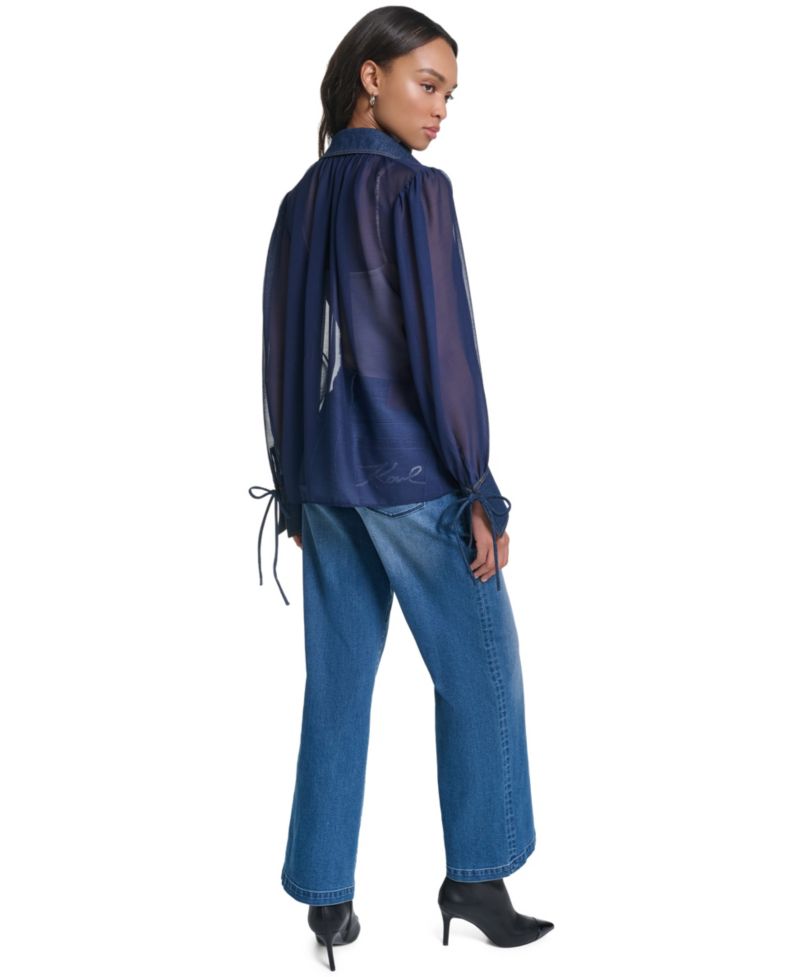 Petite Denim Collar and Cuff Crinkle Chiffon Button-Up Top