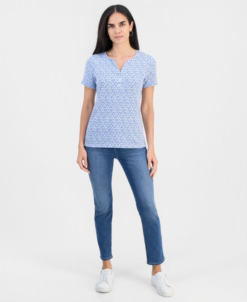 Petite Printed Short-Sleeve Henley Top