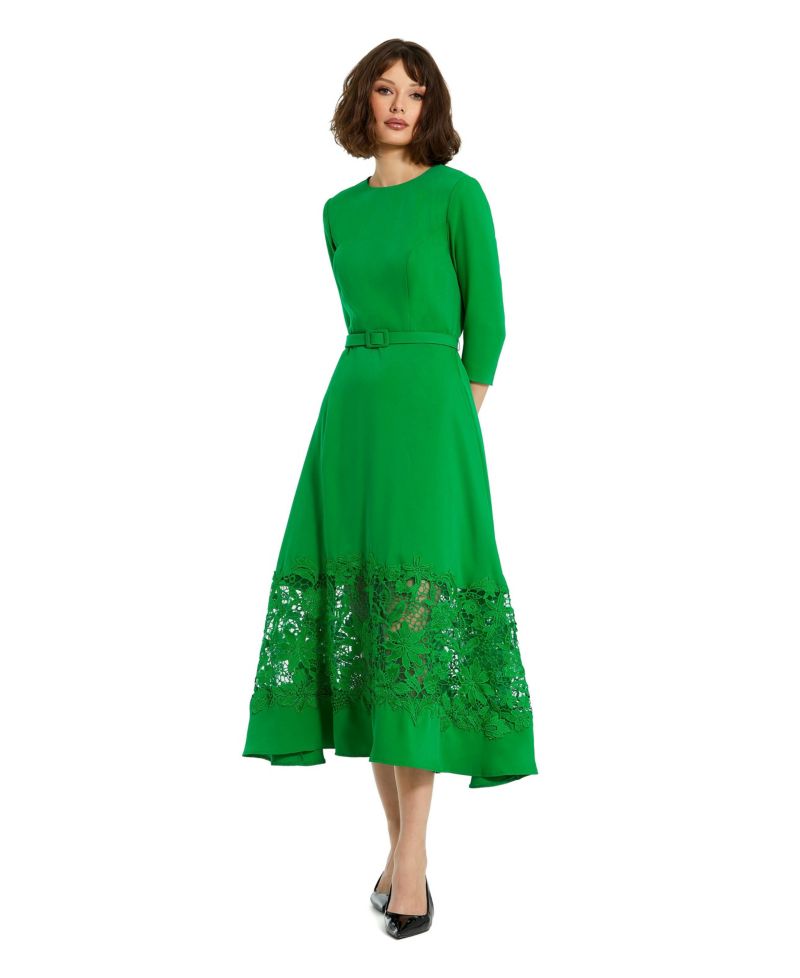 Women's Crepe Boat Neck Applique Cut Out Detail Midi Dress