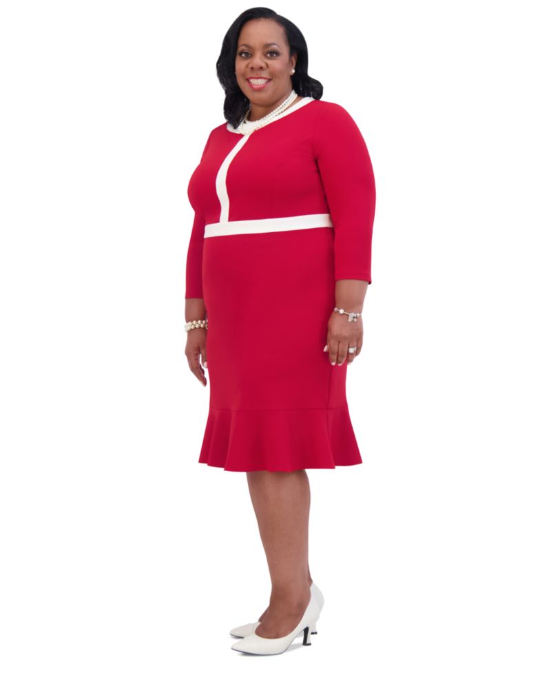 Women's Ruffled-Hem 3/4-Sleeve Contrast-Trim Dress
