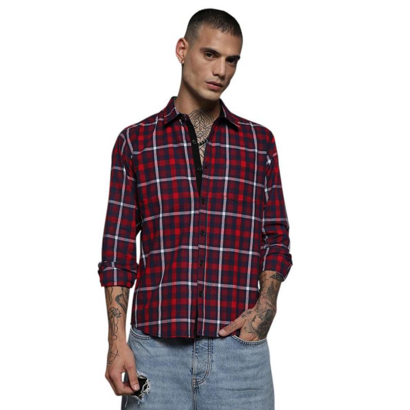 Men's Navy Blue & Red Tartan Plaid Shirt