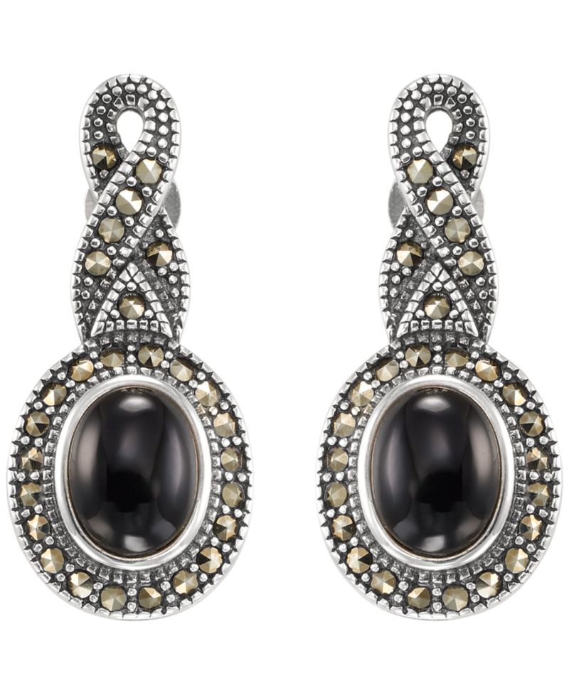 Marcasite (0.59 ct. t.w.) and Onyx (1-1/4 ct. t.w.) Drop Earrings in Sterling Silver