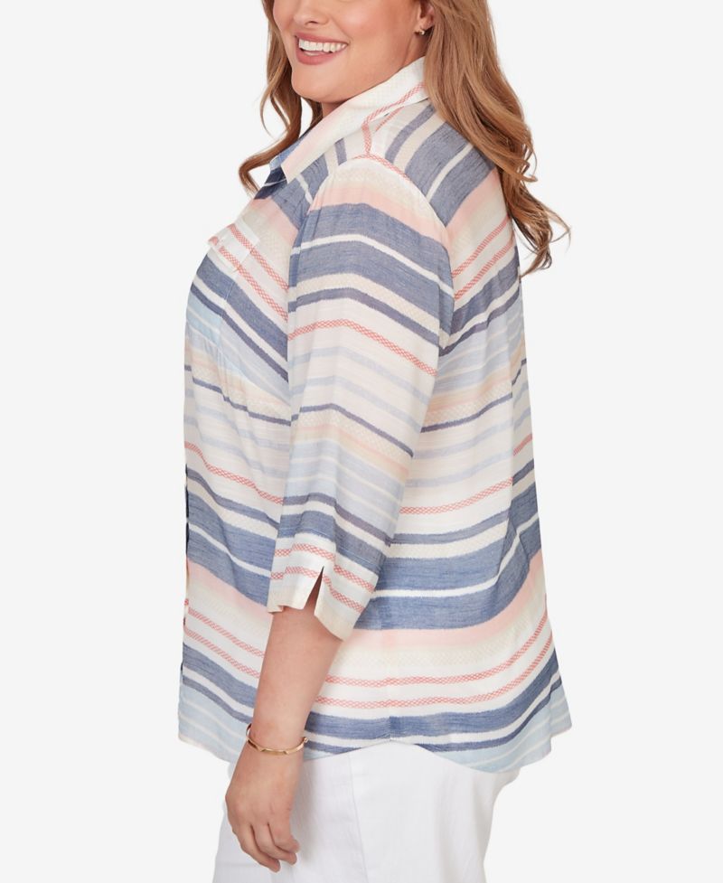 Plus Size Port Side Textured Stripe Button-Front Top