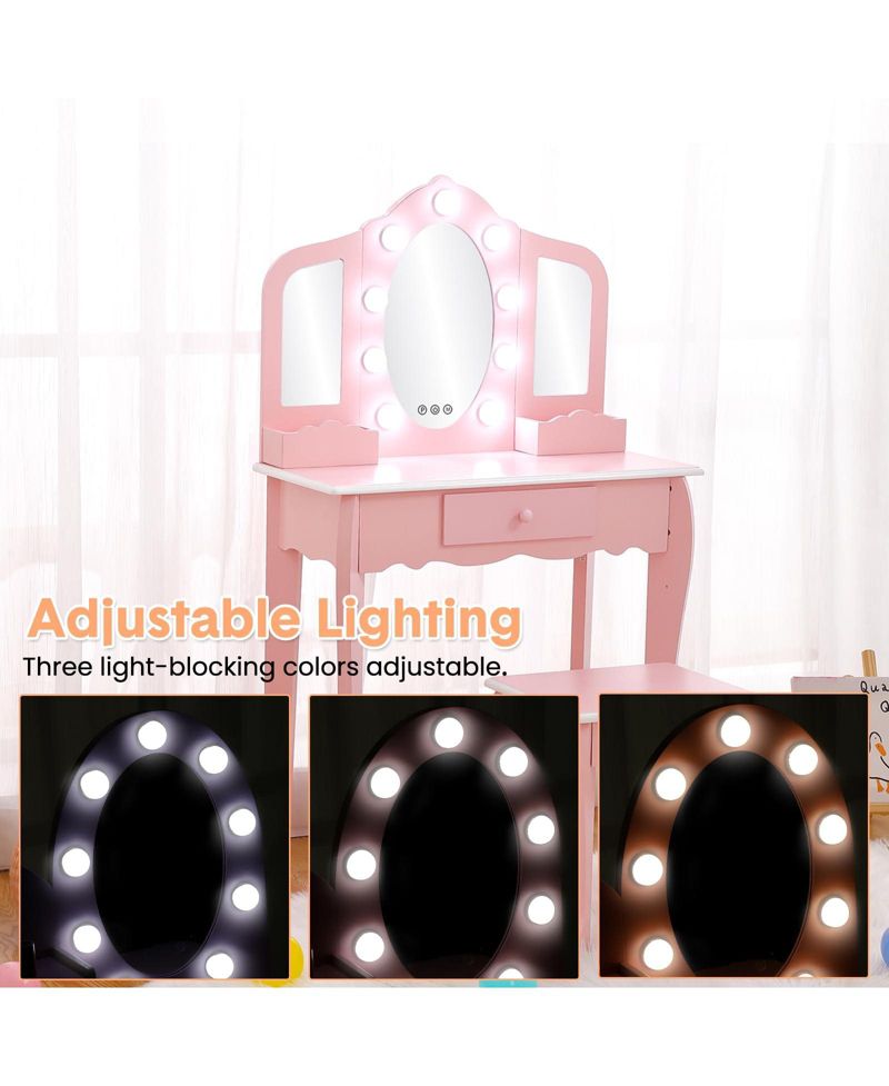 Toddler Vanity Set with 3-Panel Mirror and Stool