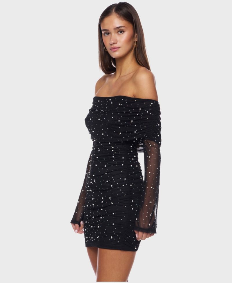 Juniors Off-the-Shoulder Short Dress with Long Sleeves and Pearl Detail