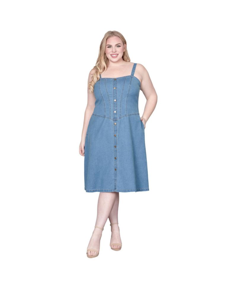Women's Denim Square Neck Sleeveless Midi Dress