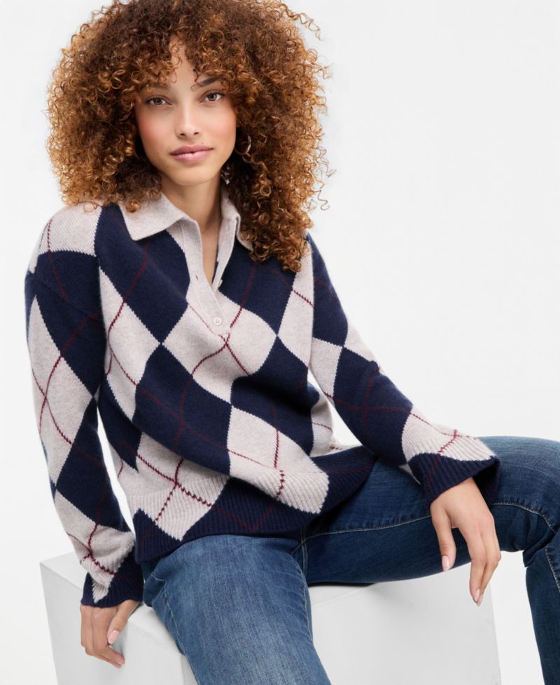 petite 100% Cashmere Argyle Oversized-Collar Sweater