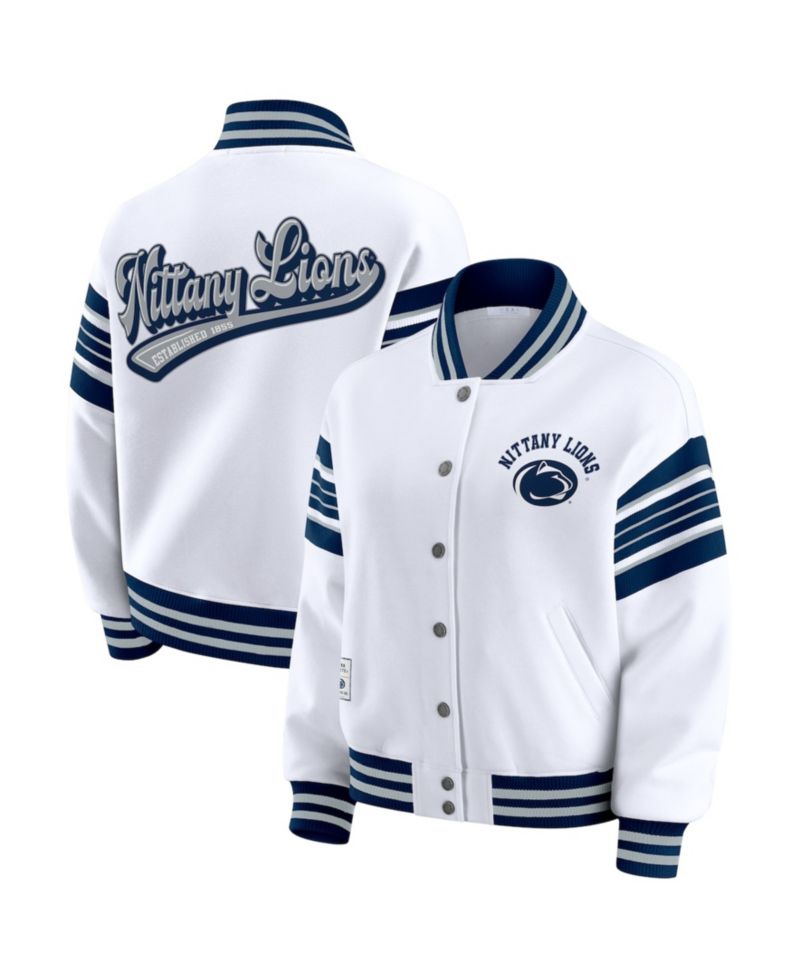 Women's White/Navy Penn State Nittany Lions Satin Stitch Full-Snap Fleece Sweatshirt Jacket