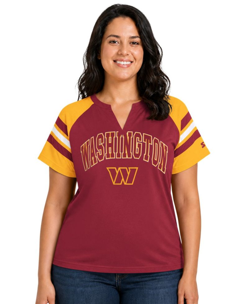 Women's Burgundy Washington Commanders Plus Size Game On Notch Neck Raglan T-Shirt