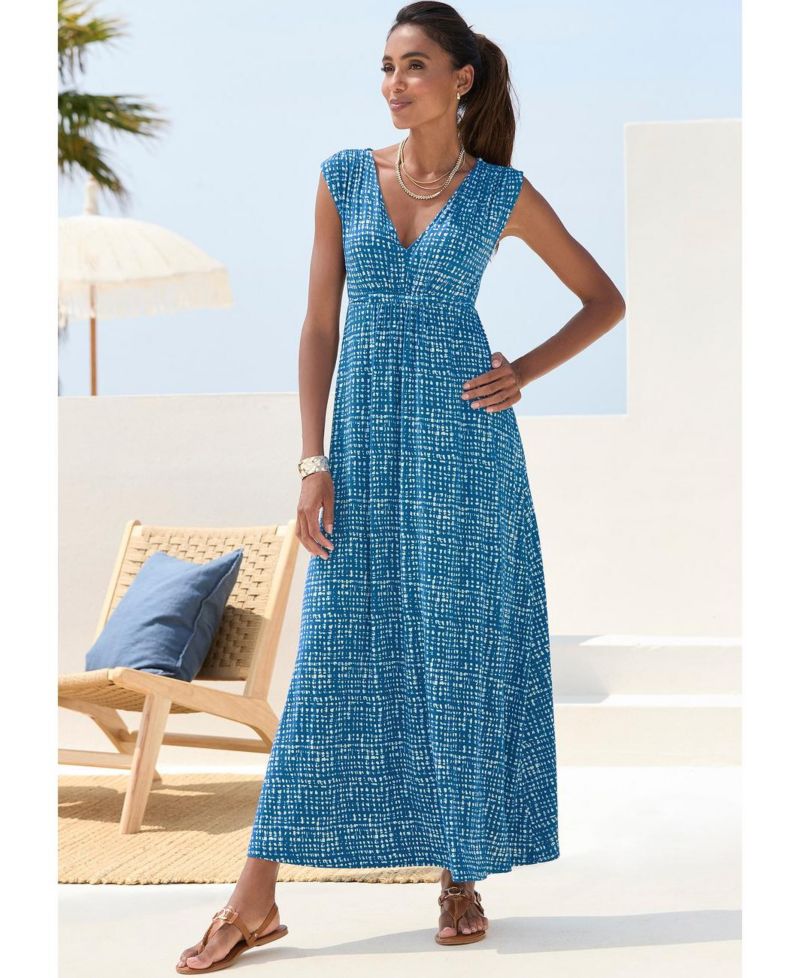 Women's Printed A-Line V-Neck Empire-Waist Maxi Dress