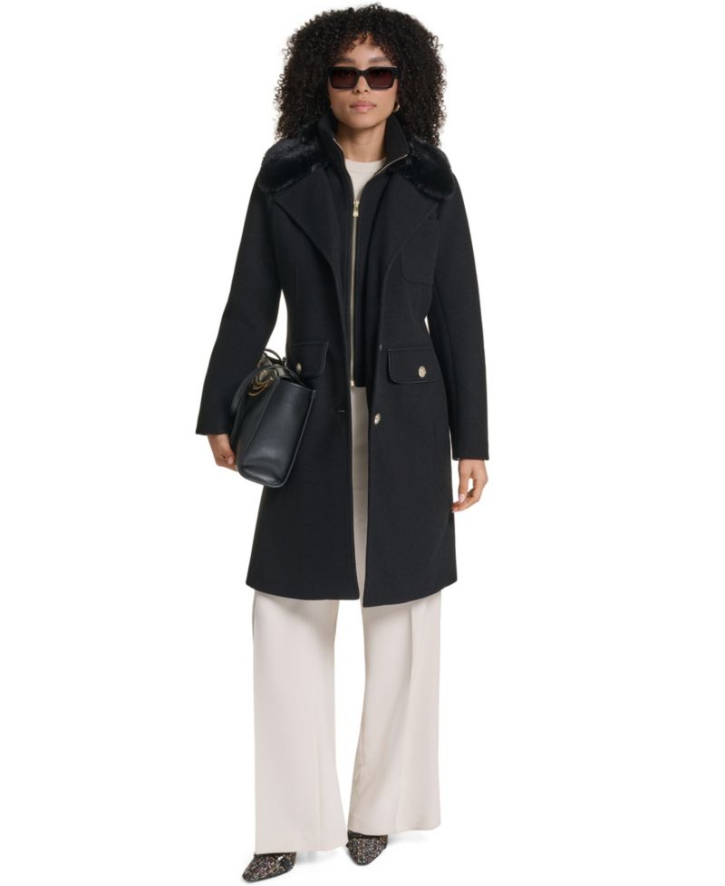 Women's Bibbed Faux-Fur Collar Lined Coat