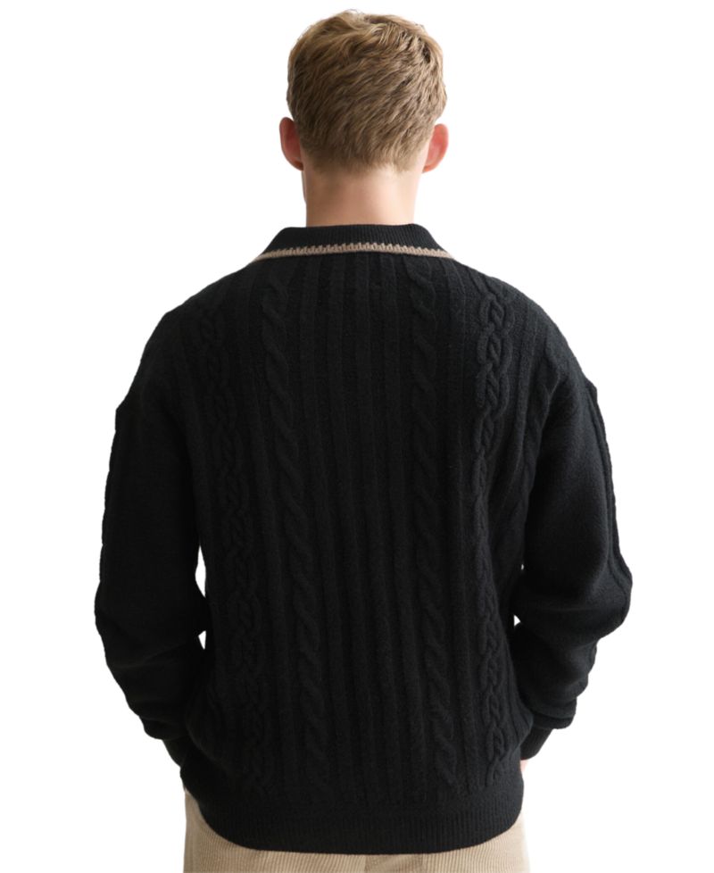 Men's Soft Knit Polo Cable Dropped Shoulder Polo Sweater