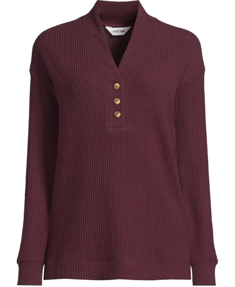 Women's Long Sleeve Waffle Shawl Collar Henley