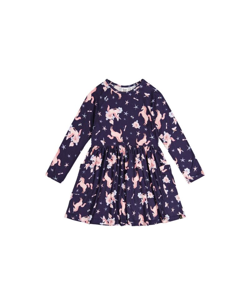 Girls' (6-12) Long Sleeve Unicorn Print Dress