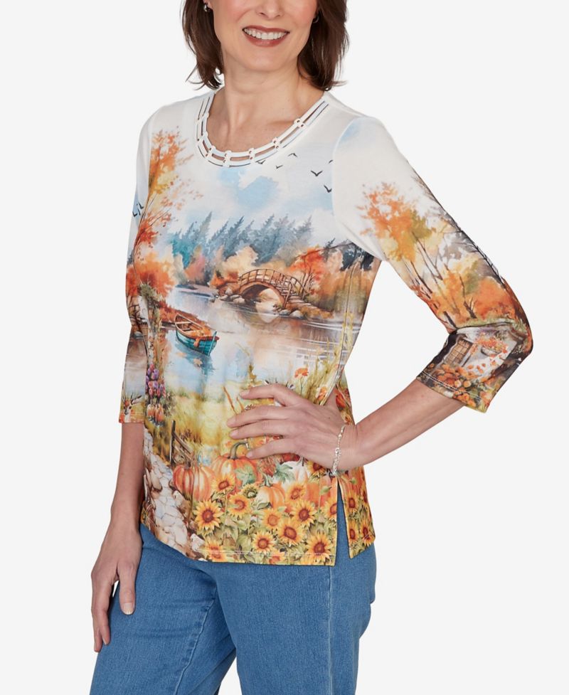 Petite Autumn Lake Scenic Print Top