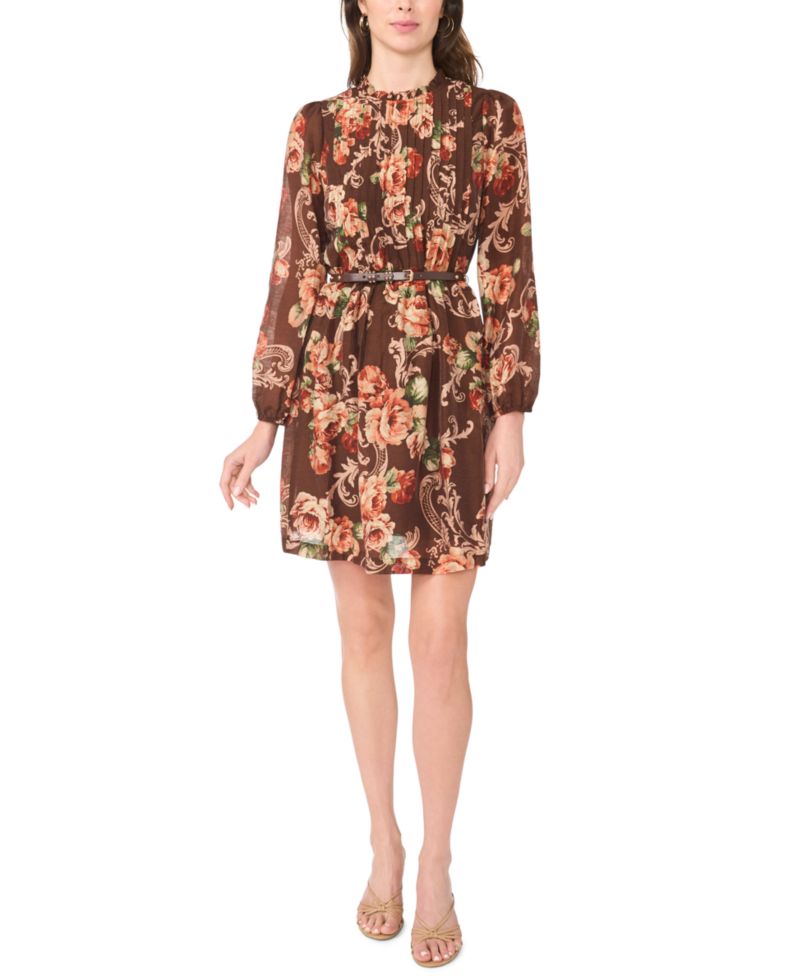 Petite Long-Sleeve Floral Fit & Flare Chiffon Dress