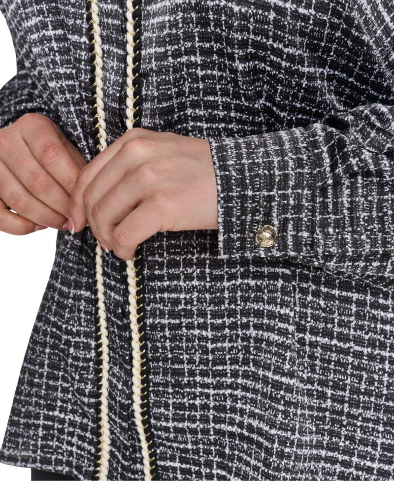 Plus Size Tweed Print Collared Long-Sleeve Top