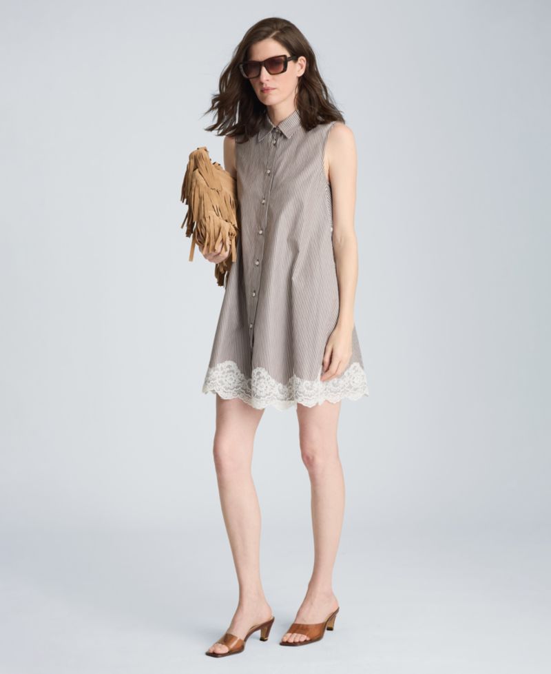 Women's Striped Collared Neck Swing Shirt Dress with Lace Trim