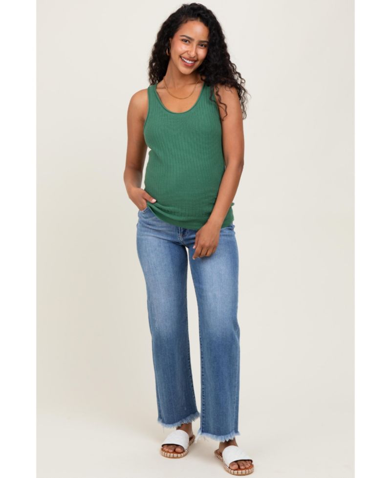 Women's Blue Frayed Hem Ankle Straight Leg Jeans