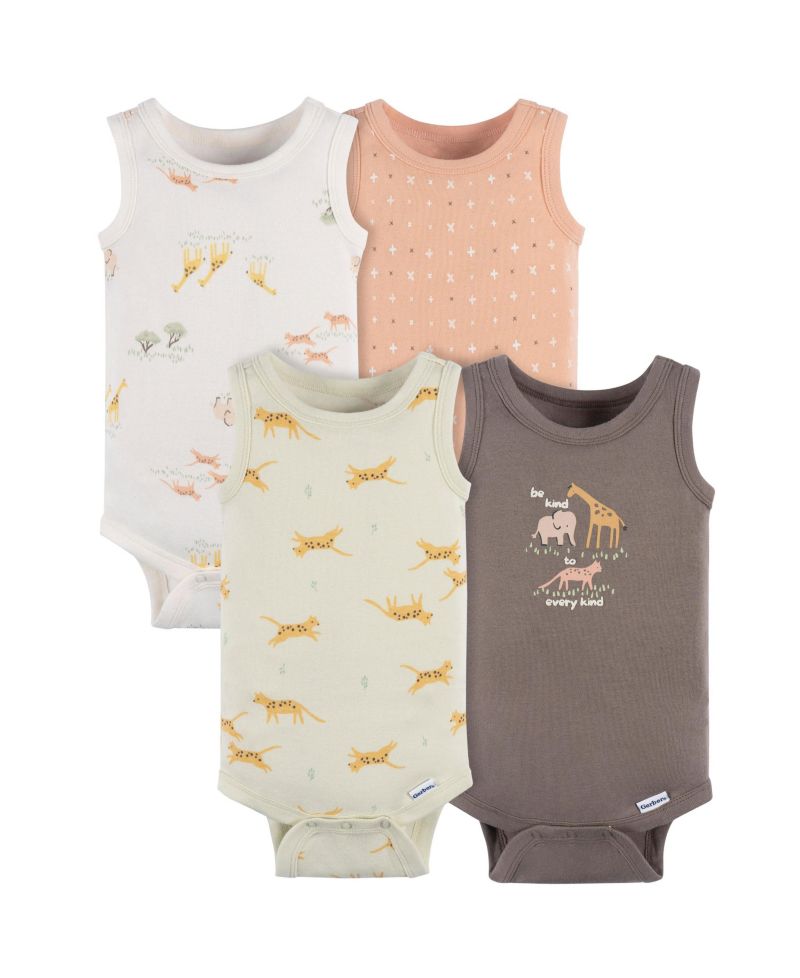 Baby Neutral Ivory Safari Sleeveless 4-Pack Onesies Bodysuits