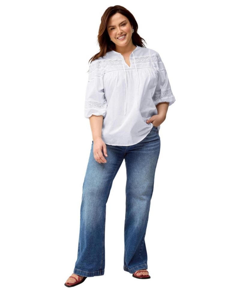 Women's 100% Cotton A-Line Three-Quarter Sleeve Keyhole Neck Blouse With Crochet Trim