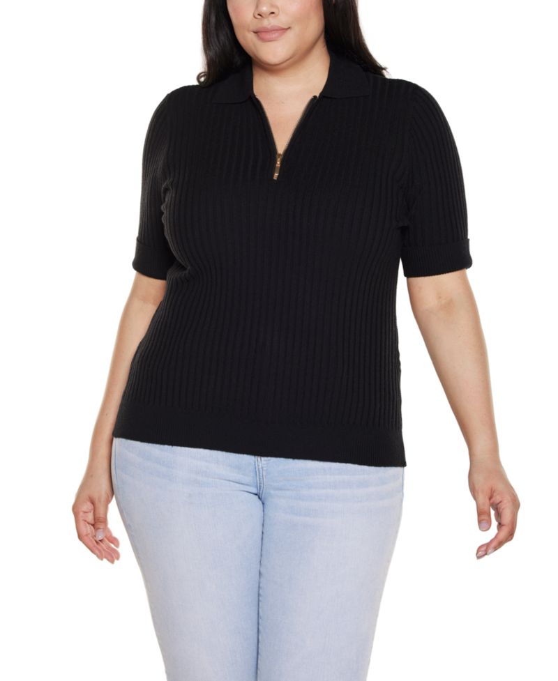 Plus Size Collared Quarter-Zip Ribbed-Knit Sweater