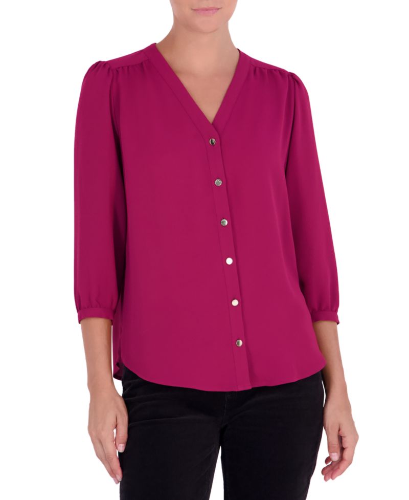 Women's 3/4-Sleeve V-Neck Button-Up Blouse