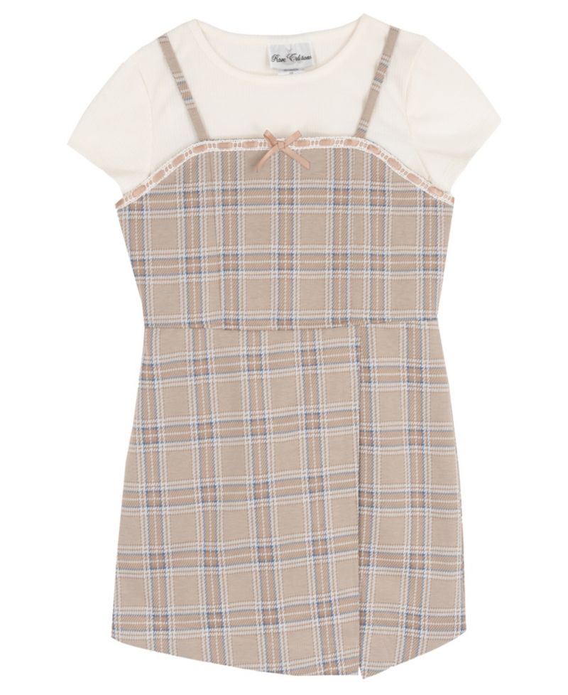 Girls' 7-16 Short-Sleeve T-Shirt and Plaid Woven Overlap Skirt Romper, 2-Piece Set