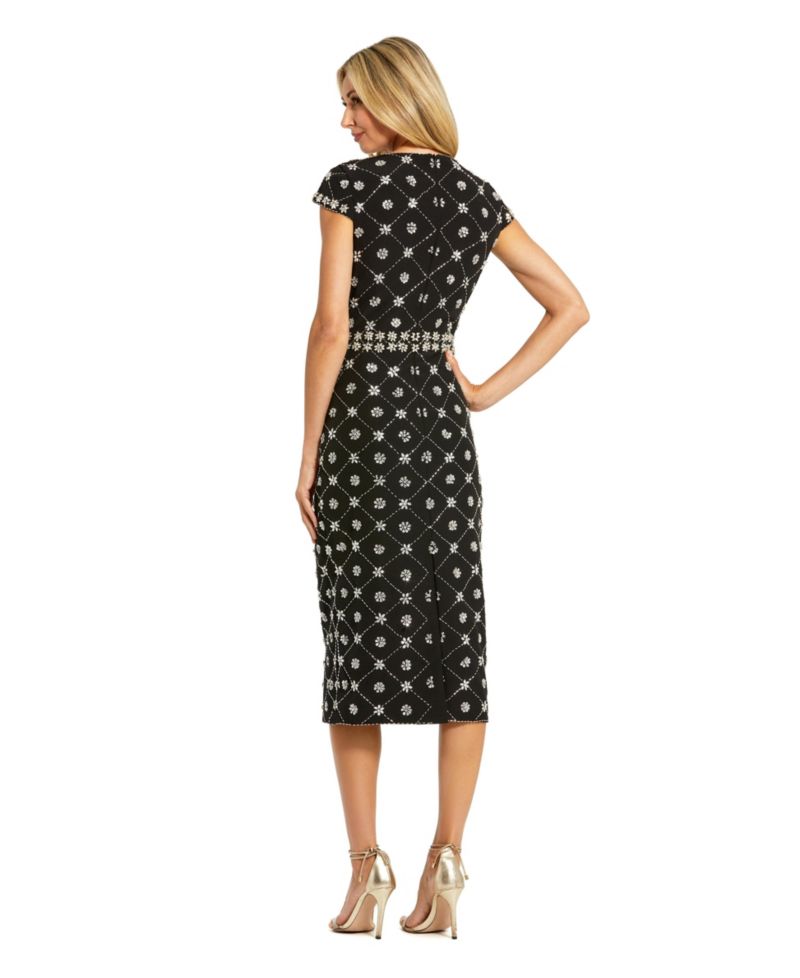 Women's Hand Embellished High Neck Cap Sleeve Midi Dress