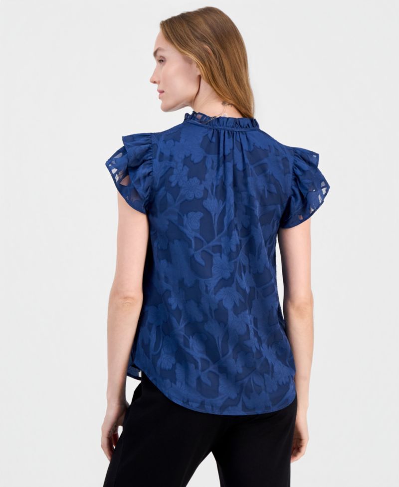 Women's Floral Ruffle-Sleeve Tie-Neck Blouse