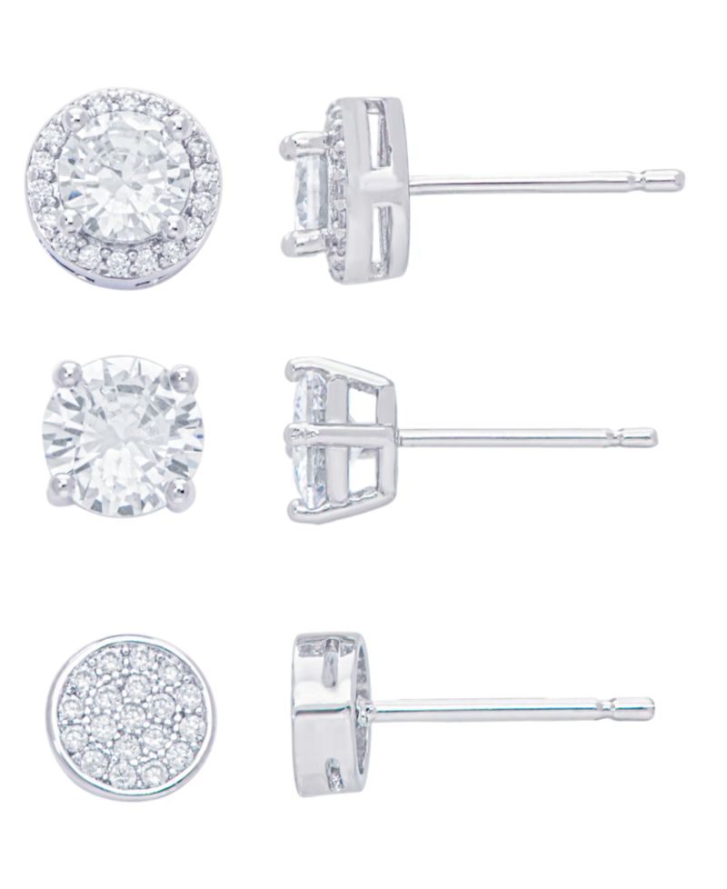 Women's Fine Silver Plated Round, Halo, Cubic Zirconia Stud Earrings Set, 6 Pieces
