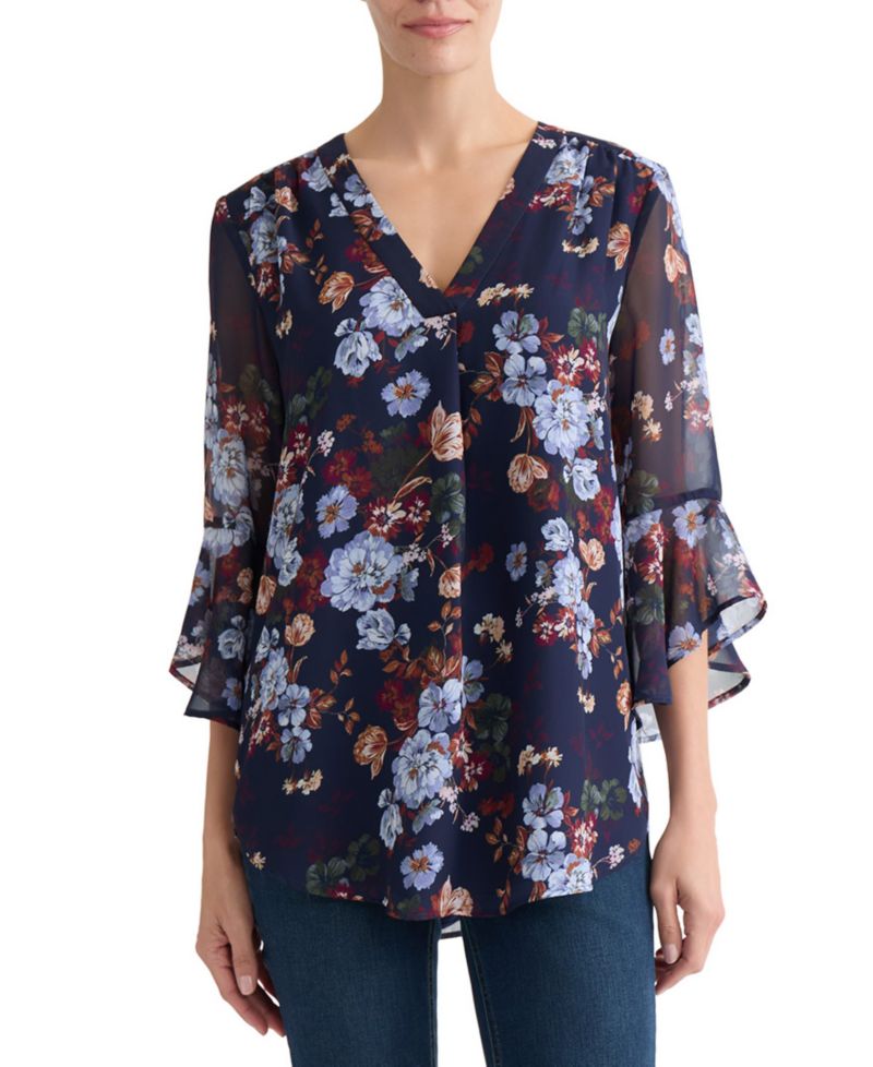 Petite V-Neck Printed-Flutter-Sleeve Top