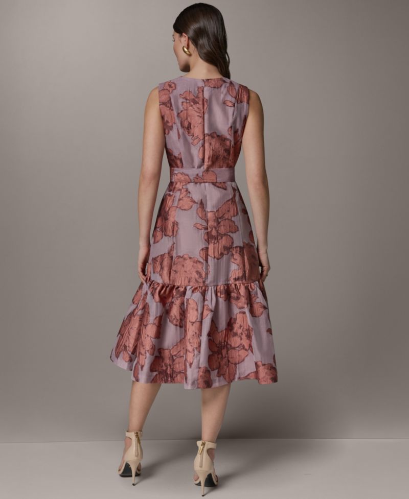 Women's Sleeveless Jacquard Faux Wrap V-Neck Floral Midi A-Line Dress